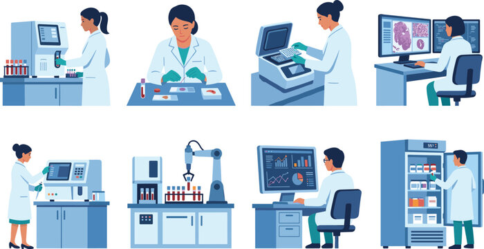 Flat vector illustration set of laboratory scientists and technicians using automated clinical diagnostic equipment
