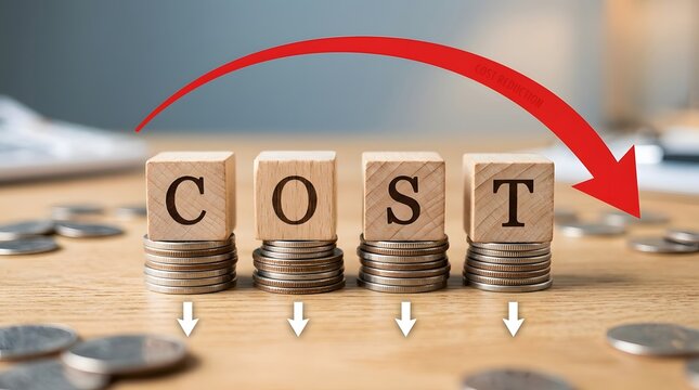 Wooden blocks spelling cost with a red arrow indicating cost reduction.