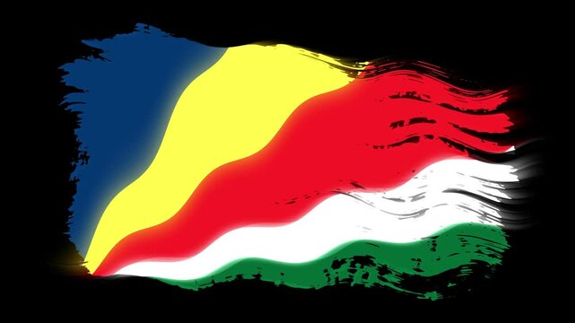 Waving torn Seychelles flag grunge brush burn light leaks, transparent background alpha channel loop full HD