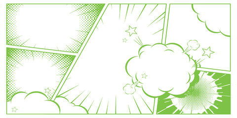 Green and white pop art comic book layout with halftone texture, speech bubbles, and action lines vector illustration. © Design House