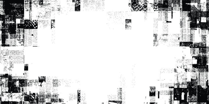 Abstract black and white glitch texture background with distressed grunge squares and pixelated noise vector illustration.