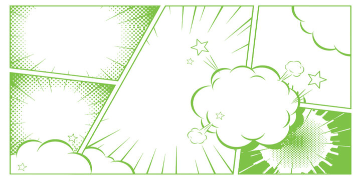 Green and white pop art comic book layout with halftone texture, speech bubbles, and action lines vector illustration.