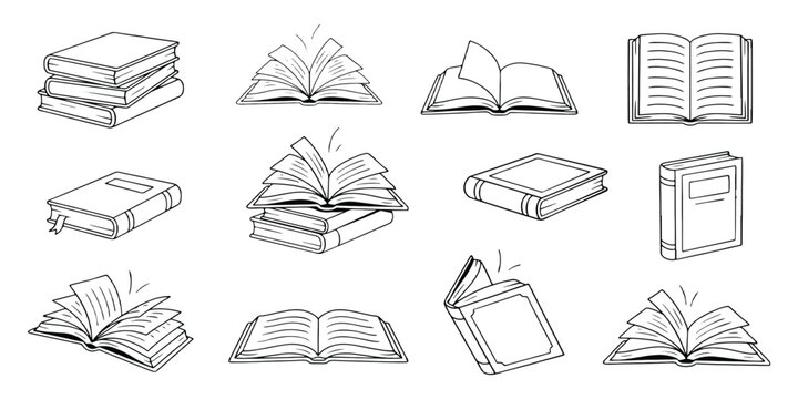 Hand drawn stack of books and open pages doodle set in sketch style black and white vector illustration.