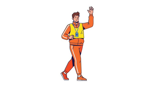 A waving man in orange sportswear is depicted as a flat vector silhouette figure person male human sportsman athlete runner