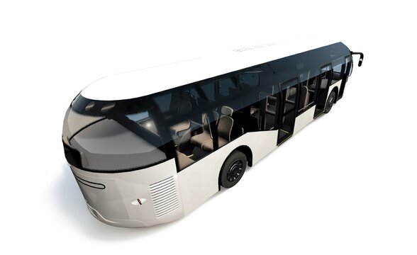 Modern white capsule bus for future city transport, generic futuristic autonomous shuttle vehicle isolated on white background