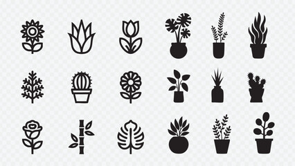 Fototapeta premium Houseplant and cactus silhouette icons set, succulent black botanical plant vector shapes
