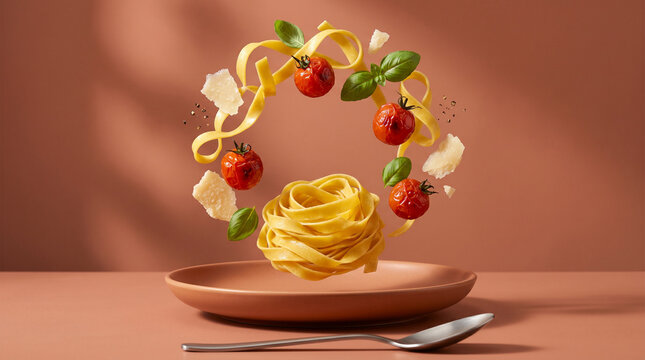 Levitating Tagliatelle Pasta Composition With Parmesan And Basil