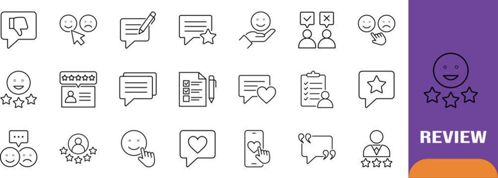 Customer review feedback vector icons. bubble icon set, star icon set, smiley icon set