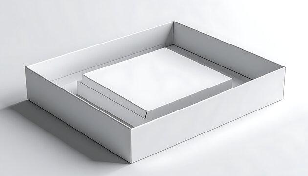 Open white box with a white square object inside, clean product packaging concept, shipping and delivery idea
