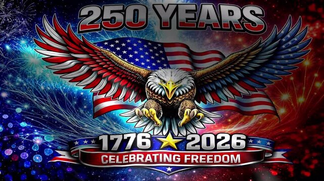 American eagle with US flag and 250 Years Celebrating Freedom text representing patriotism and national pride for Independence Day and Bicentennial celebrations only for commercial uses
