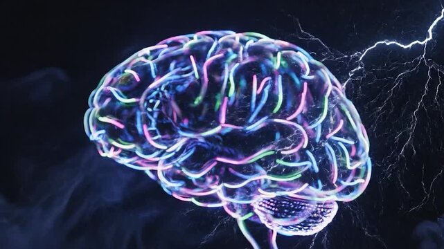Glowing digital human brain with lightning and smoke on black background