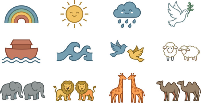 Noah Ark Cute Icon Set with Animals in Pairs Rainbow Dove and Weather Symbols for Children Religious Education Designs