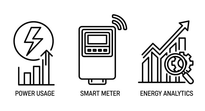Set of icons representing energy usage smart meter technology energy analytics with analytics electricity consumption monitoring technology efficiency management analysis development wireless