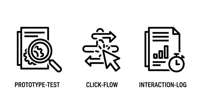 Product development and user interaction linear icon set for software testing with prototype interaction software development analysis performance experience dashboard minimalist application