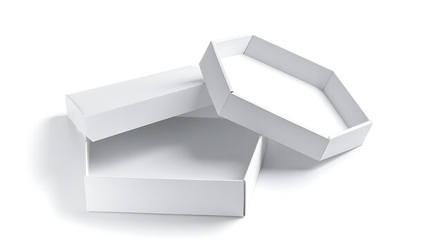 Open white hexagonal box and rectangular lid casting subtle shadow, clean product packaging concept