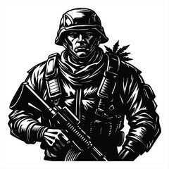 Obraz premium Full Length Black Silhouette Vector Illustration of a Military Soldier Holding a Rifle in Combat Uniform and Helmet Silhouette