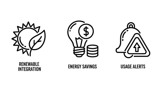 Renewable energy and utility usage management line icons set with renewable integration lightbulb triangle environment electricity sustainability efficiency management monitoring consumption