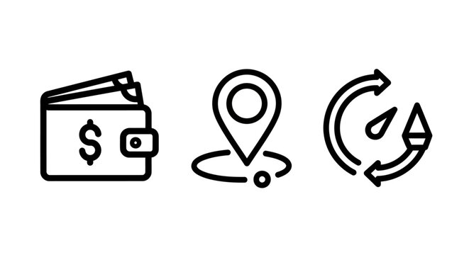 Personal finance wallet location and performance tracking icon set with location performance business currency navigation management investment commerce transaction analytics efficiency