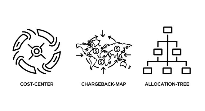 Corporate cost center chargeback and allocation icons set with chargeback allocation accounting business management financial structure hierarchy corporate department tracking budgeting
