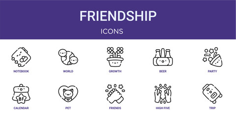 Fototapeta premium Set of 10 thin line Friendship icons for dashboards, websites and mobile app layouts. Editable outline vector pack featuring notebook, growth, party, pet and trip.
