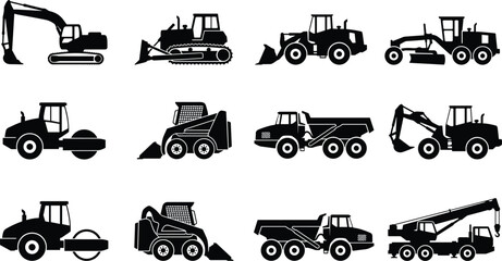 Heavy machinery silhouettes set including excavator bulldozer dump truck road roller crane and loader icons © Hello World