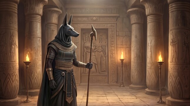 Egyptian jackal-headed deity standing in stone temple. Anubis figure holding staff in ancient tomb with torches and hieroglyphs.