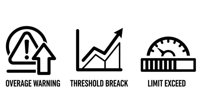 Data overage warning and limit exceedance vector icon set with threshold capacity dashboard indicator business management performance notification bandwidth statistics analysis collection
