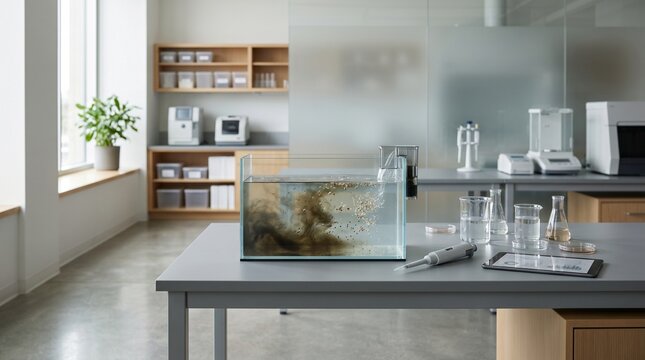 Innovation Lab Workspace With Xenobot Tank Purifying Contaminated Water
