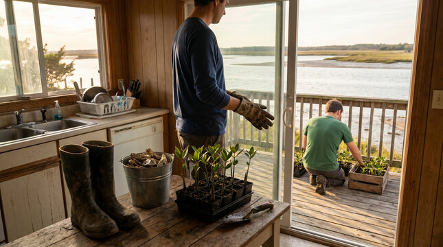 Coastal Home Routine With Mangrove Seedlings Boots And Tidal Deck