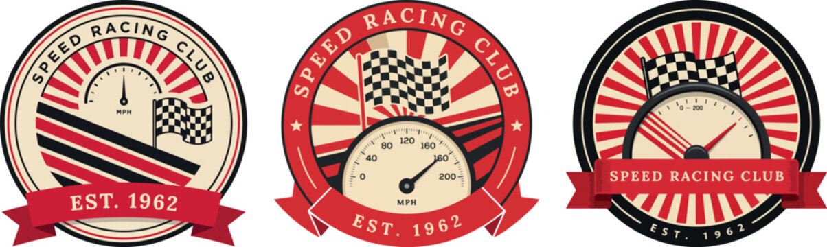 Vintage speed racing club emblems with speedometers and checkered flags badge