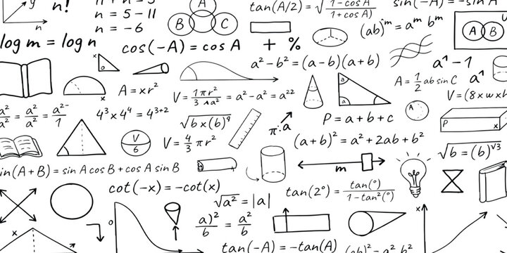 Hand drawn mathematical formulas, equations, and geometry shapes doodle sketch vector illustration background template.