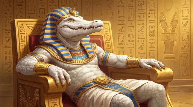 Egyptian deity with crocodile head sitting on golden throne. Ancient mythology concept featuring humanoid Sobek in temple with hieroglyphics.