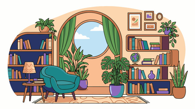 A cozy living room with a teal armchair, a large round window with green curtains, and bookshelves filled with books and plants