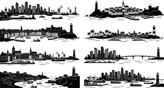 Vector collection of coastal city silhouettes with harbors cargo ports lighthouses and metropolitan skylines