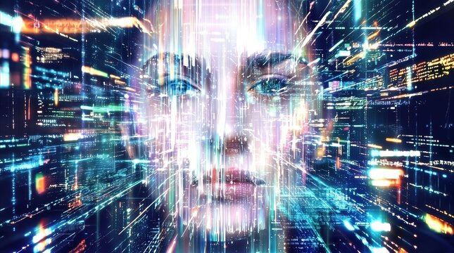 Virtual human face emerging from complex digital data streams. Artificial intelligence and neural network processing concept.