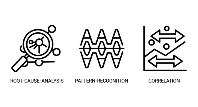 Data science analytical icons set displaying root cause analysis pattern recognition and correlation with analysis analytics recognition correlation research statistics mathematics business