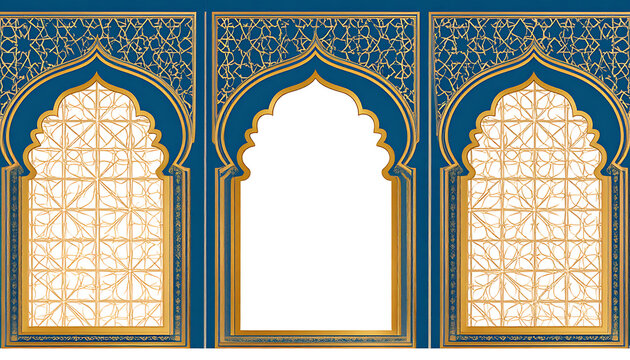 Ornate arched doorway and windows with intricate golden lattice, traditional Islamic architecture, deep blue and gold color palette, decorative facade element