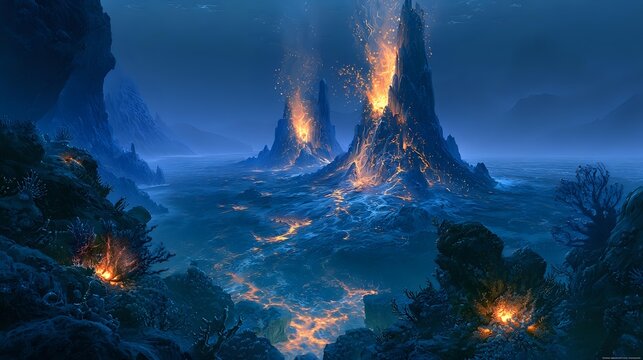 Deep ocean environment where volcanic vents support glowing ecosystems, scientific subject matter, focused realism