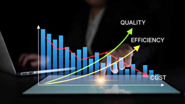 Business Growth Metrics with Graphs Displaying Quality, Efficiency and Cost Trends in a Dark Background. Bitwise.