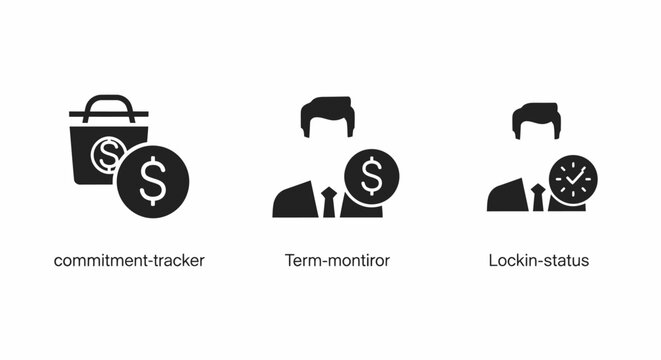 Financial commitment tracker fee monitor and lockin status set of outline icons with commitment business currency investment accounting planning management deadline schedule tracking