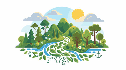 Obraz premium A serene cartoon landscape with a river flowing through a lush forest