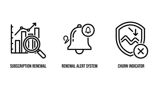 Business subscription management icons representing renewal alert system and churn rate indicators with business subscription analysis management indicator customer retention marketing