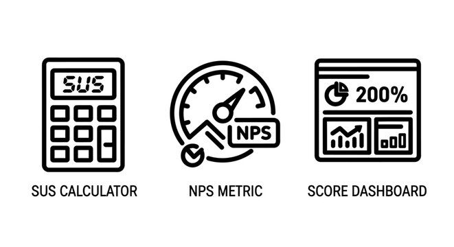 Ux research metrics icons featuring sus calculator nps score dashboard and performance indicators research calculator dashboard usability analytics software performance measurement experience