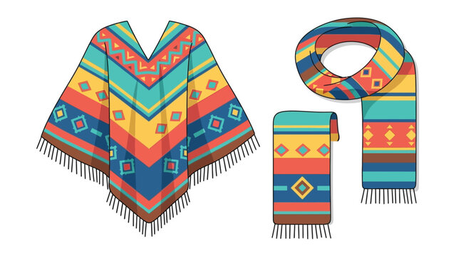 Colorful poncho and scarf vector illustration with geometric patterns and fringed edges presented as a silhouette shawl wrap textile fabric