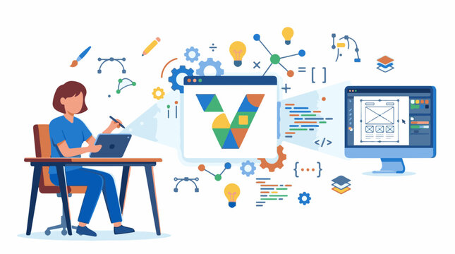 A woman sits at a desk with a laptop and pencil surrounded by coding and design elements