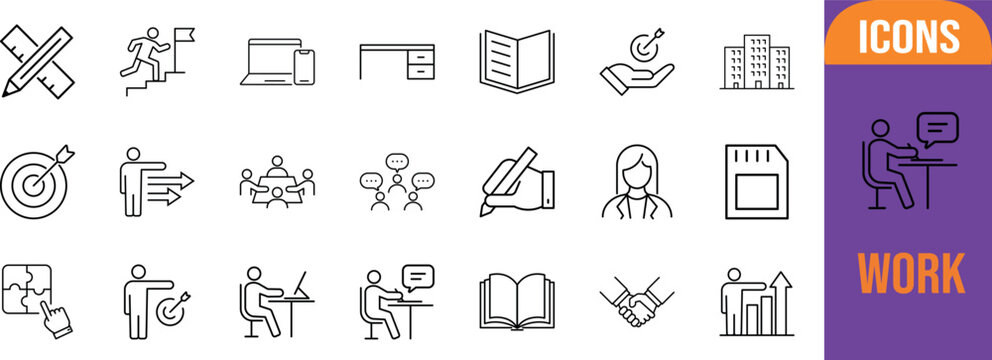 Business work and success vector. laptop icon set, desk icon set, target icon set