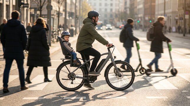 Family E Bike Commute Waiting At Urban Crossing With Scooter Traffic