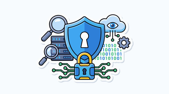 A blue shield with a keyhole surrounded by a padlock, magnifying glass, server, circuit board lines, binary code, eye in a cloud, and gear