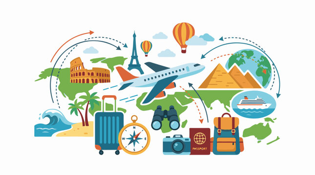A colorful illustration depicting travel symbols
