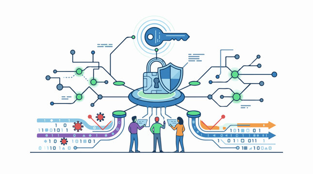 A graphic illustration of people working together to secure data with a shield and key